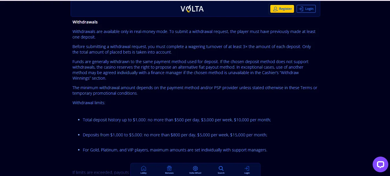 Screenshot of Volta Casino's withdrawal section and limits