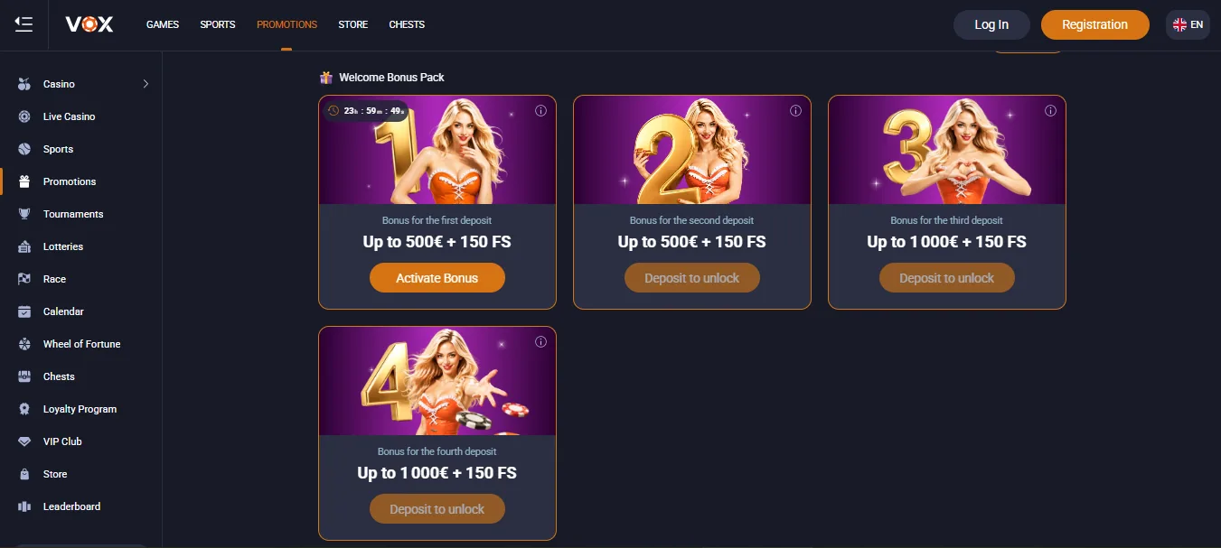 Screenshot of Vox Casino's welcome bonus offer