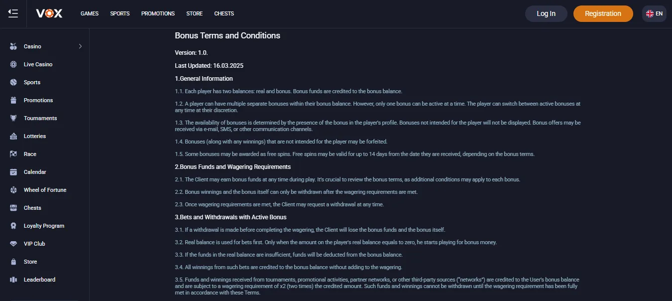 Screenshot of Vox Casino's bonus terms and wagering requirements