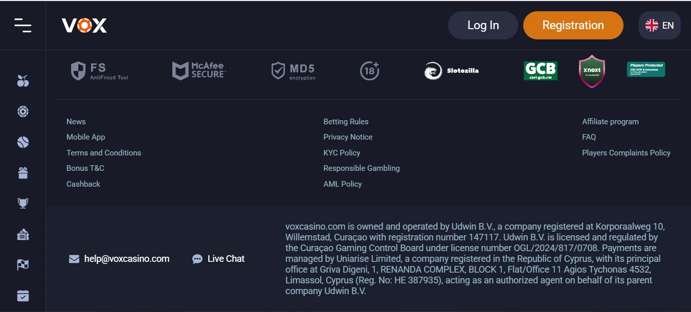 Screenshot of Vox Casino's footer licence and regulator details