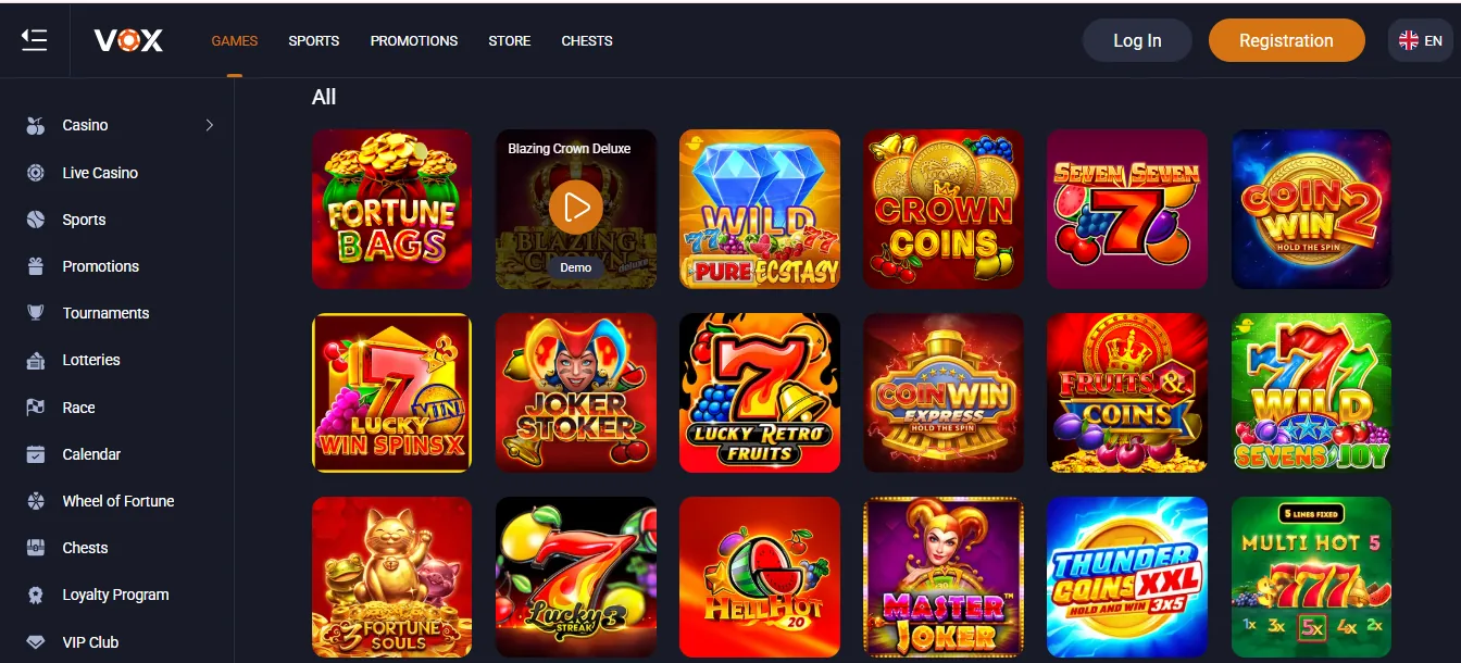 Screenshot of Vox Casino's games lobby