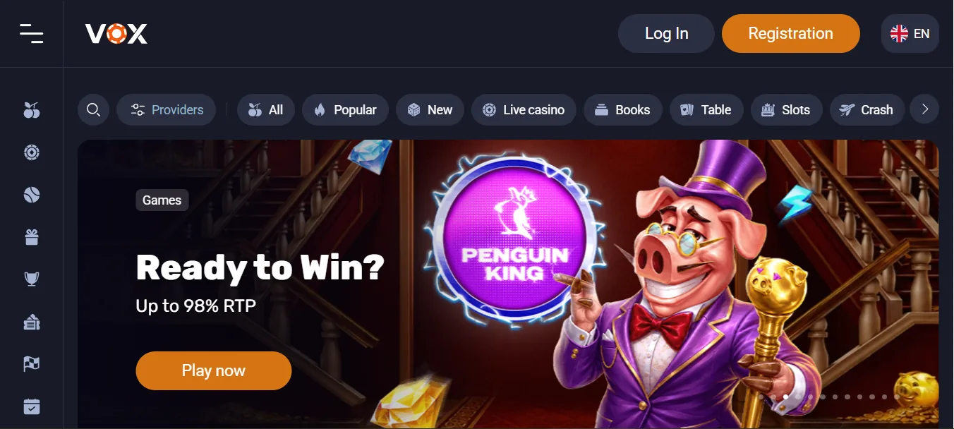 Screenshot of Vox Casino's homepage