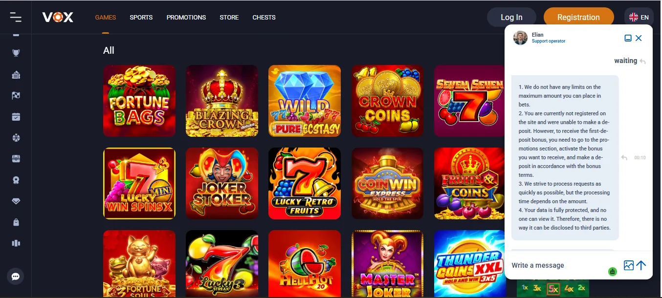 Screenshot of Vox Casino's live chat support window