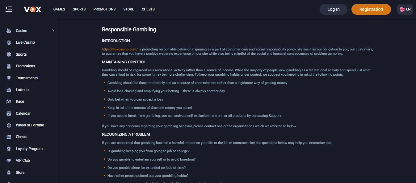 Screenshot of Vox Casino's responsible-gambling tools