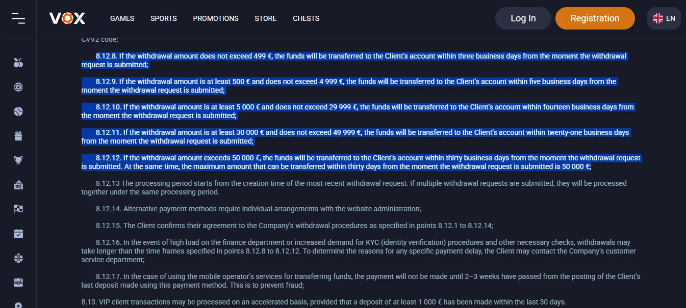 Screenshot of Vox Casino's withdrawal section and limits
