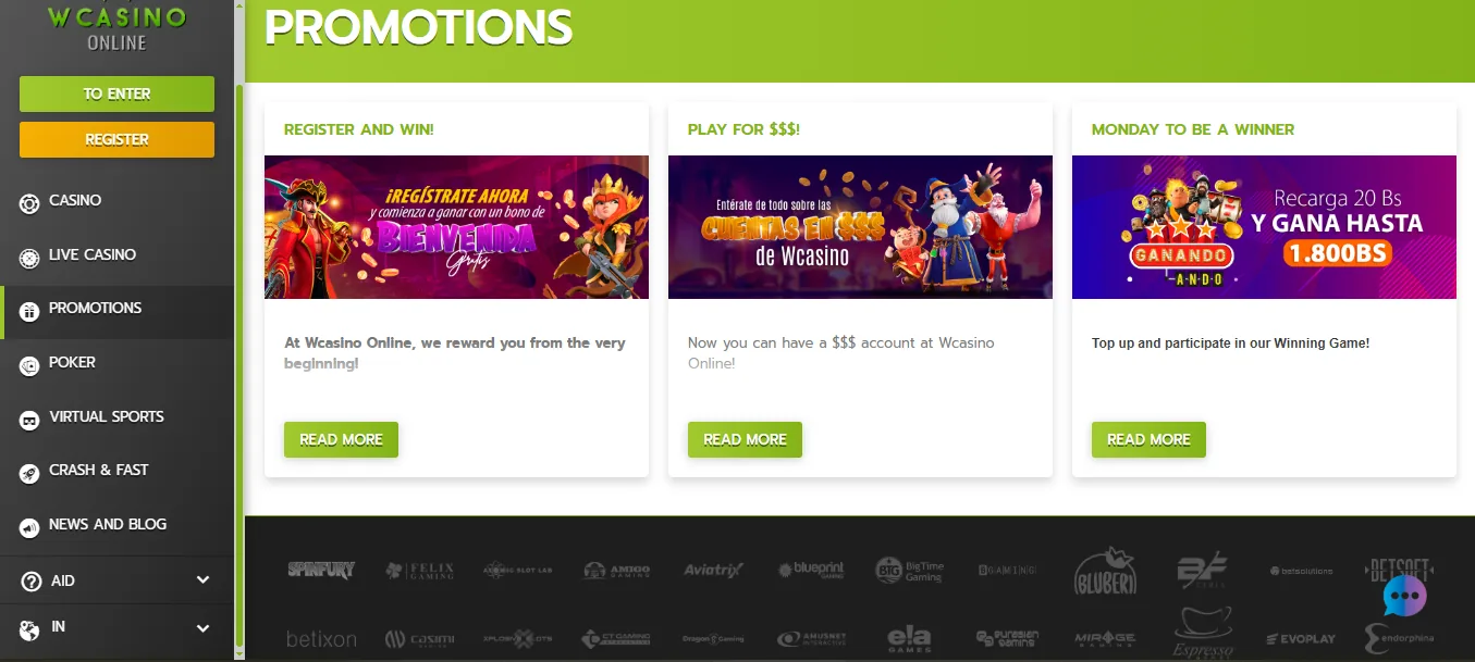 Screenshot of WCasino Online's welcome bonus offer