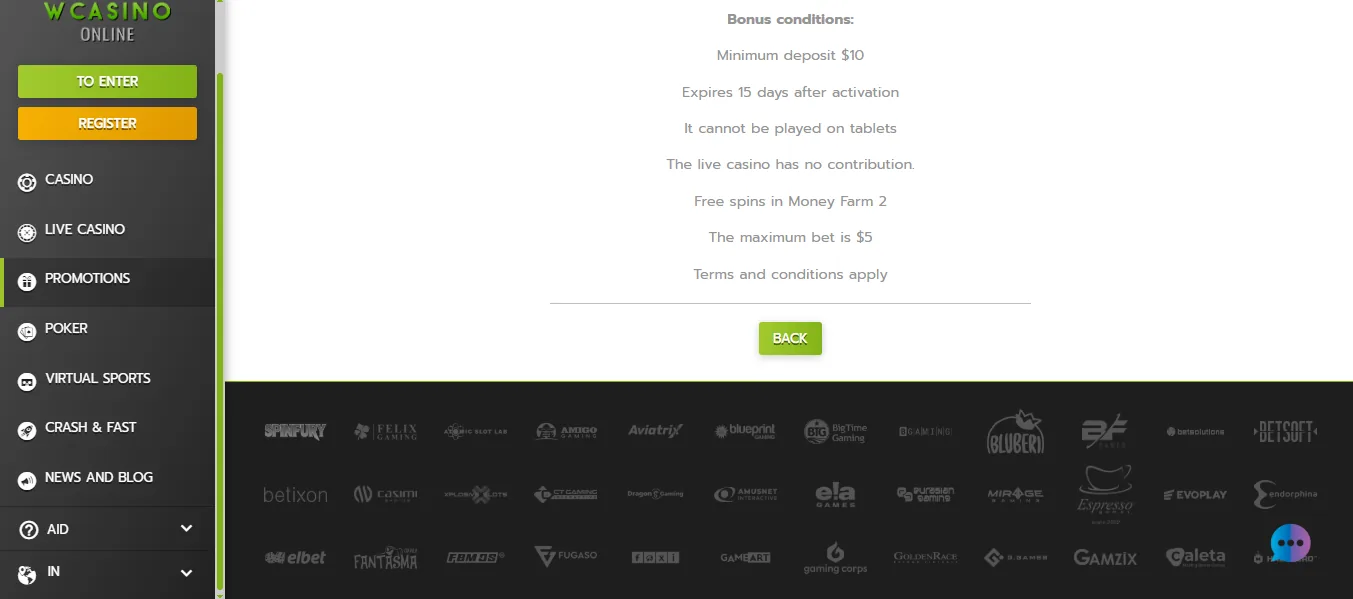 Screenshot of WCasino Online's bonus terms and wagering requirements