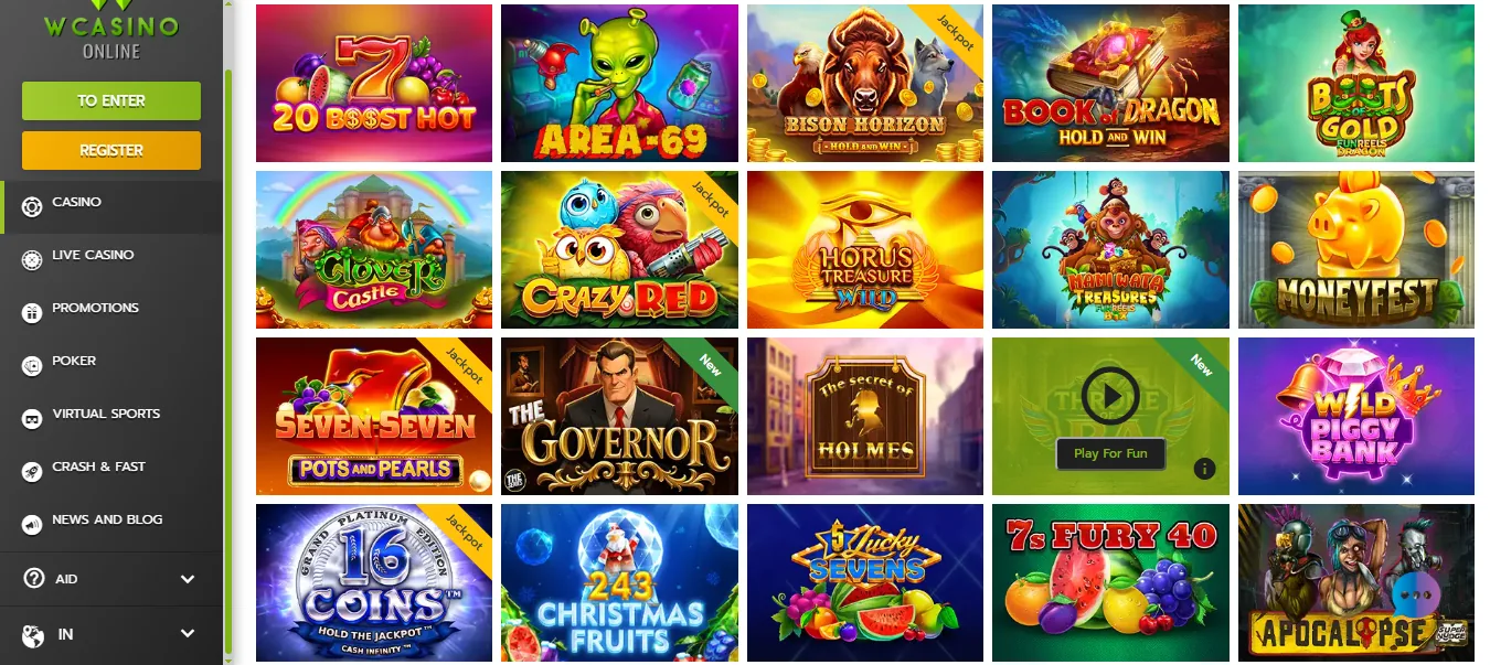 Screenshot of WCasino Online's games lobby