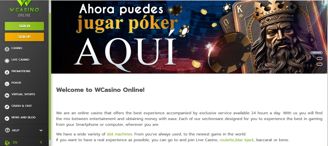 Screenshot of WCasino Online's homepage