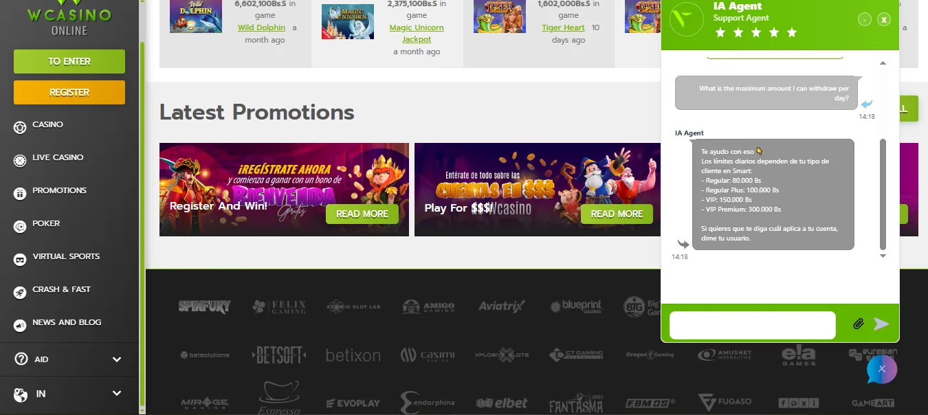 Screenshot of WCasino Online's live chat support window