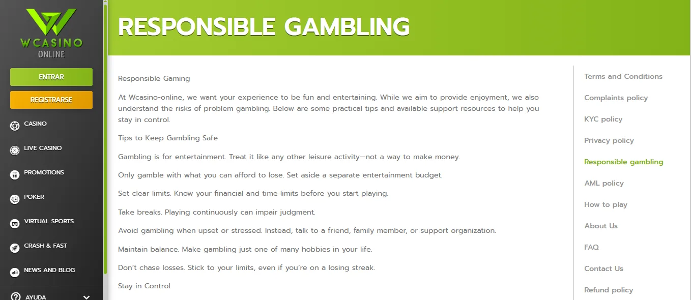Screenshot of WCasino Online's responsible-gambling tools
