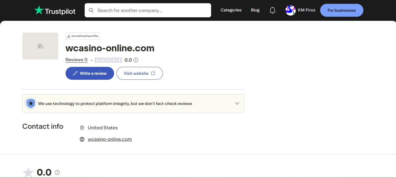Screenshot of WCasino Online's Trustpilot rating overview