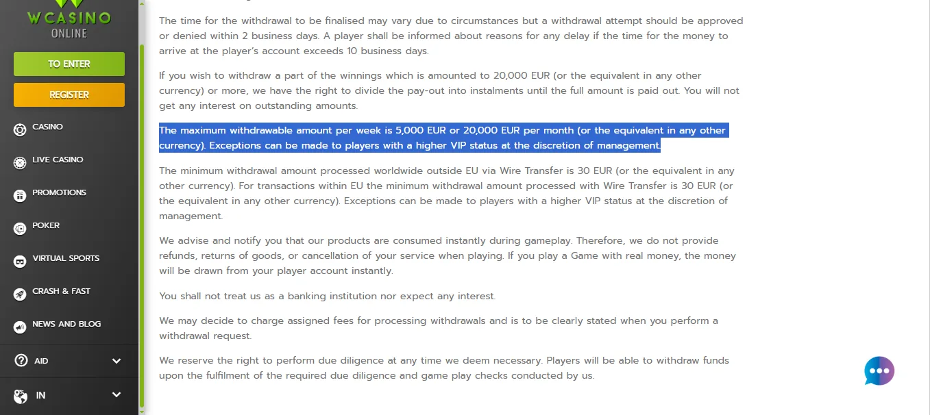 Screenshot of WCasino Online's withdrawal section and limits