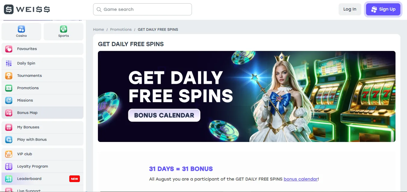 Screenshot of WEISS Casino's welcome bonus offer