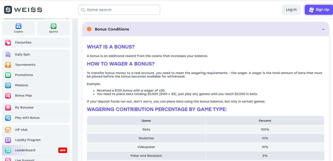 Screenshot of WEISS Casino's bonus terms and wagering requirements