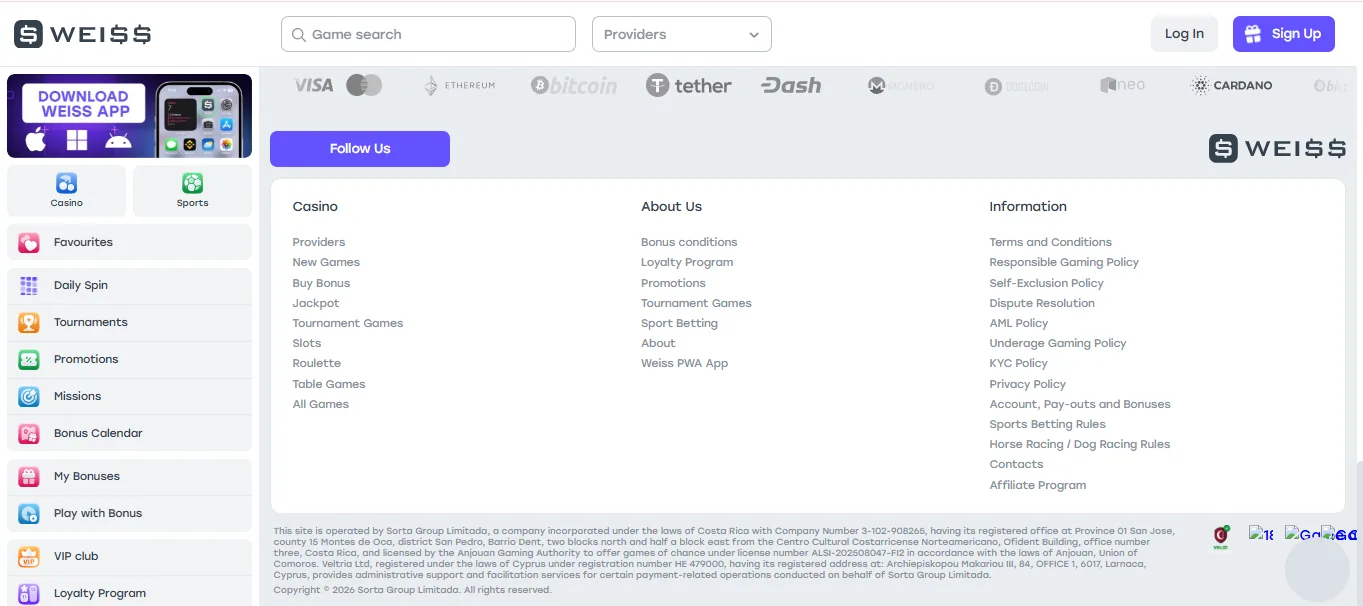 Screenshot of WEISS Casino's footer licence and regulator details