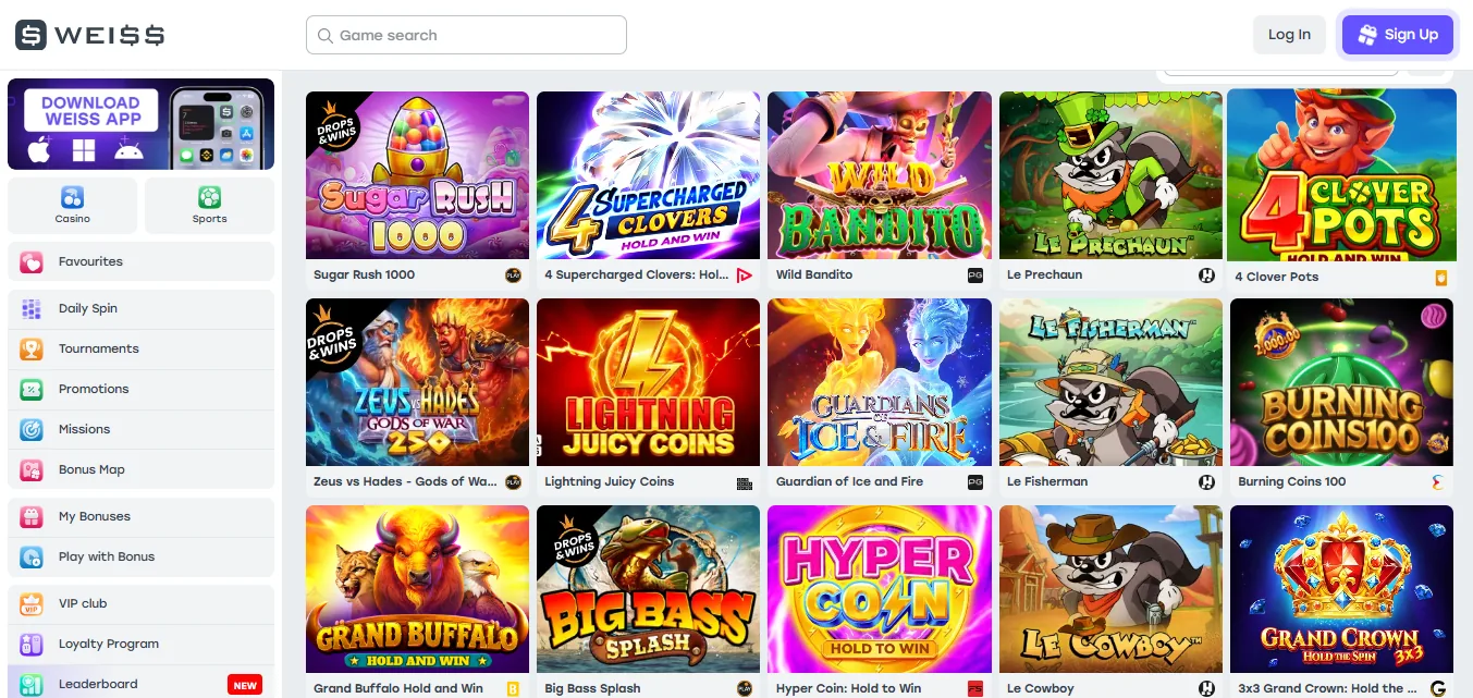 Screenshot of WEISS Casino's games lobby