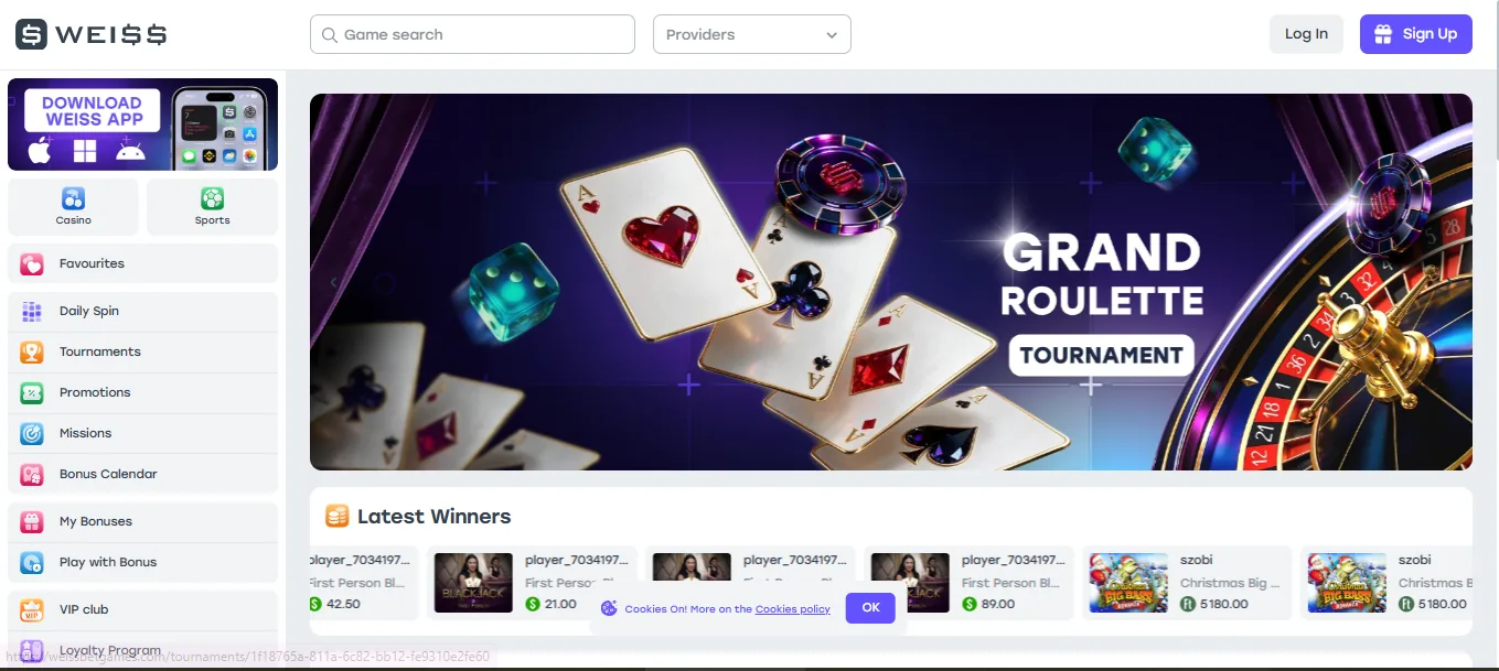 Screenshot of WEISS Casino's homepage