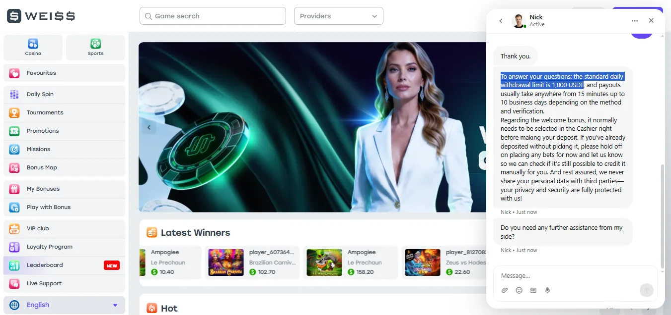 Screenshot of WEISS Casino's live chat support window