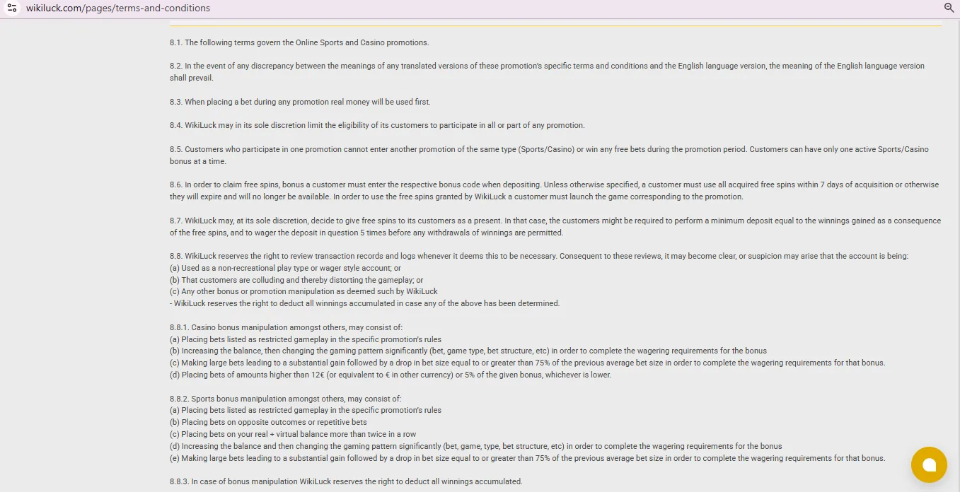 Screenshot of WikiLuck's bonus terms and wagering requirements