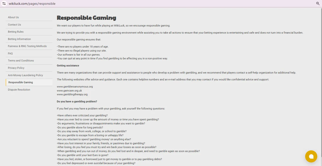 Screenshot of WikiLuck's responsible-gambling tools