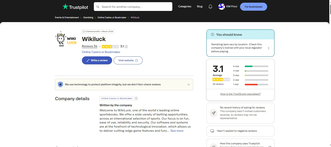 Screenshot of WikiLuck's Trustpilot rating overview