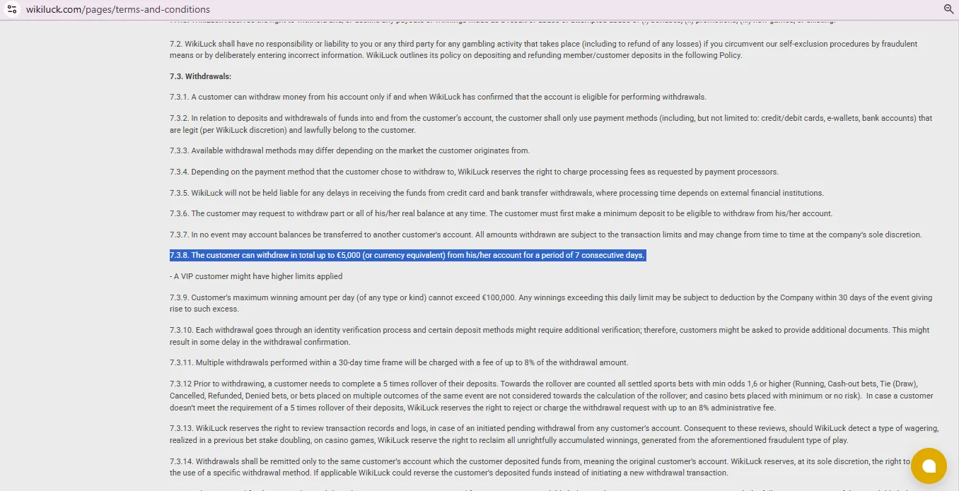 Screenshot of WikiLuck's withdrawal section and limits