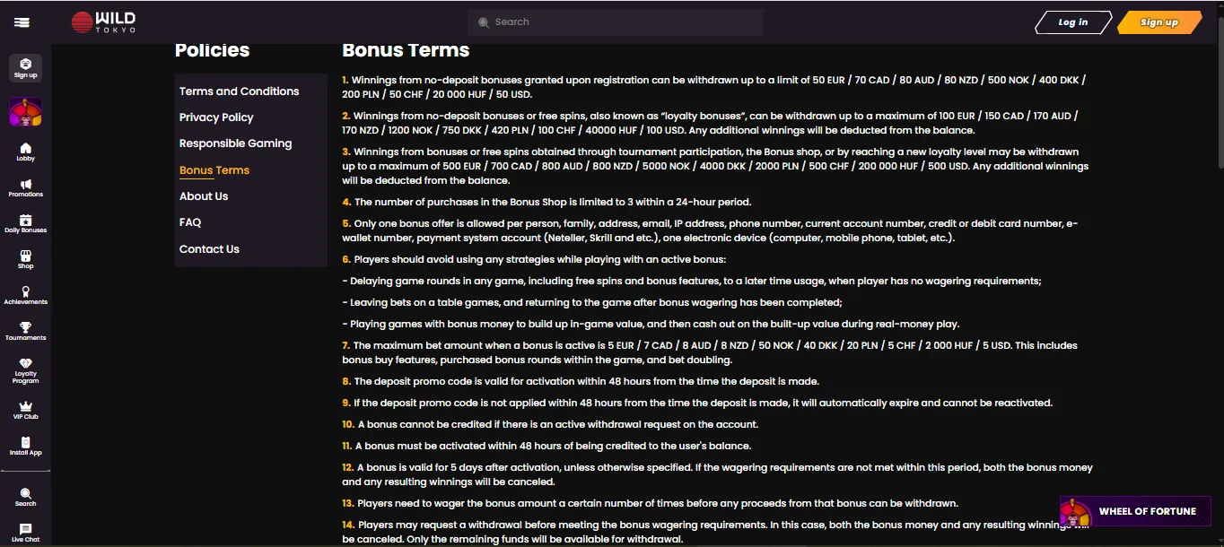 Screenshot of Wild Tokyo's bonus terms and wagering requirements