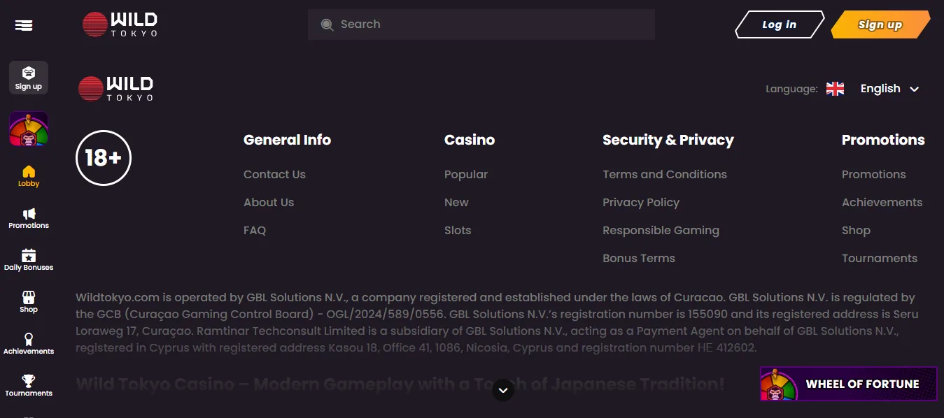 Screenshot of Wild Tokyo's footer licence and regulator details