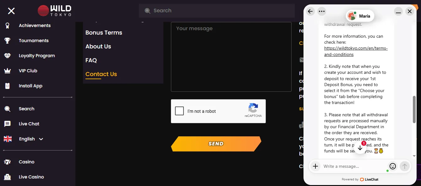 Screenshot of Wild Tokyo's live chat support window