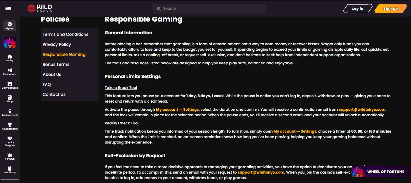 Screenshot of Wild Tokyo's responsible-gambling tools
