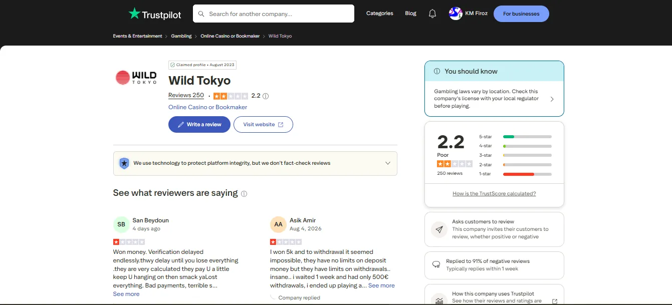 Screenshot of Wild Tokyo's Trustpilot rating overview