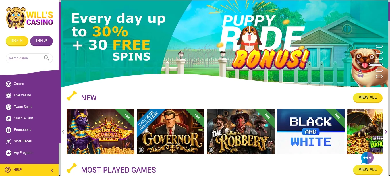 Screenshot of Will’s Casino's homepage