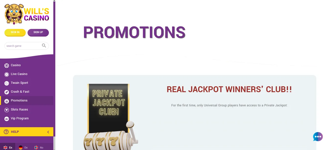 Screenshot of Will’s Casino's welcome bonus offer