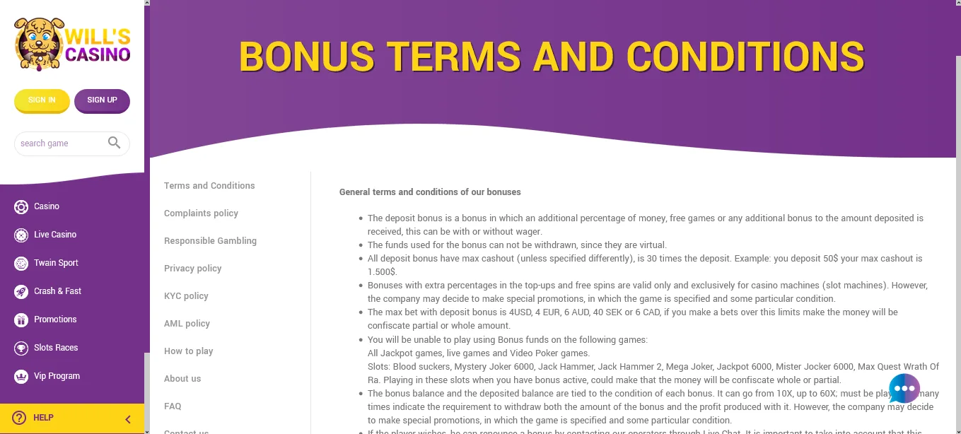 Screenshot of Will’s Casino's bonus termsbonus terms
