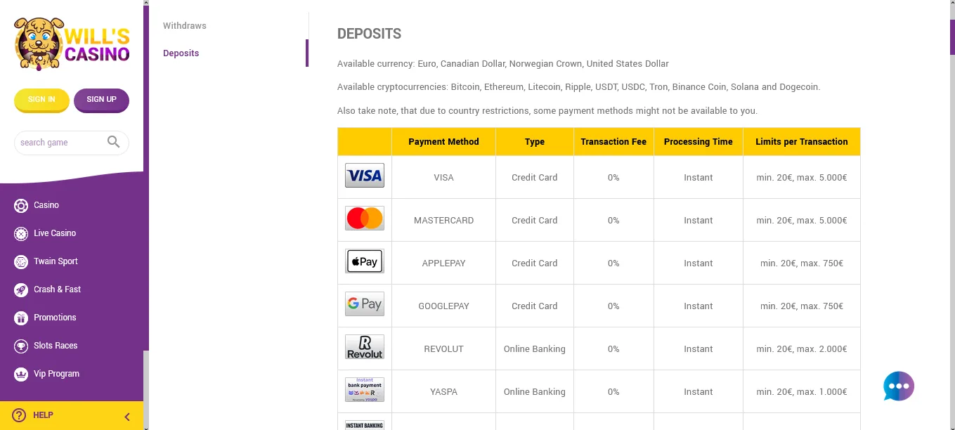 Screenshot of Will’s Casino's cashier and payment methods