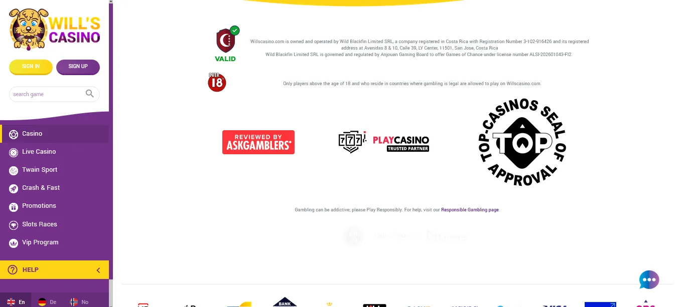 Screenshot of Will’s Casino's footer licence and regulator details