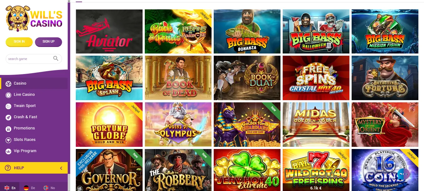 Screenshot of Will’s Casino's games lobby