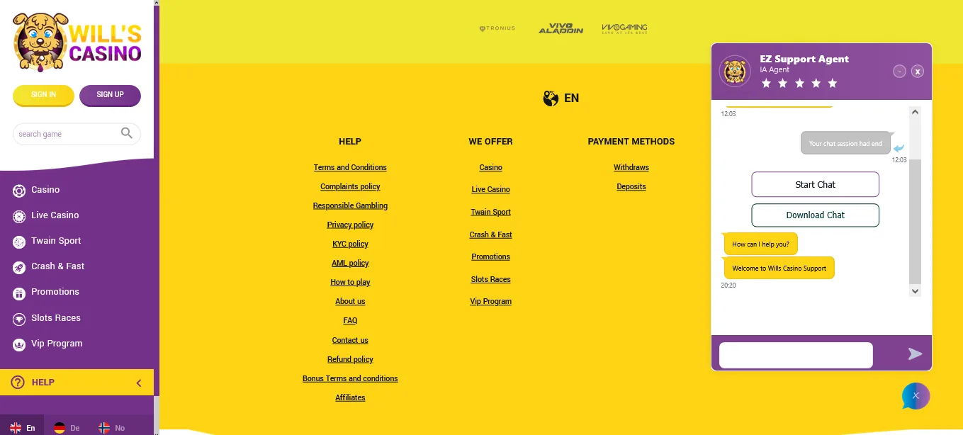 Screenshot of Will’s Casino's live chat support window