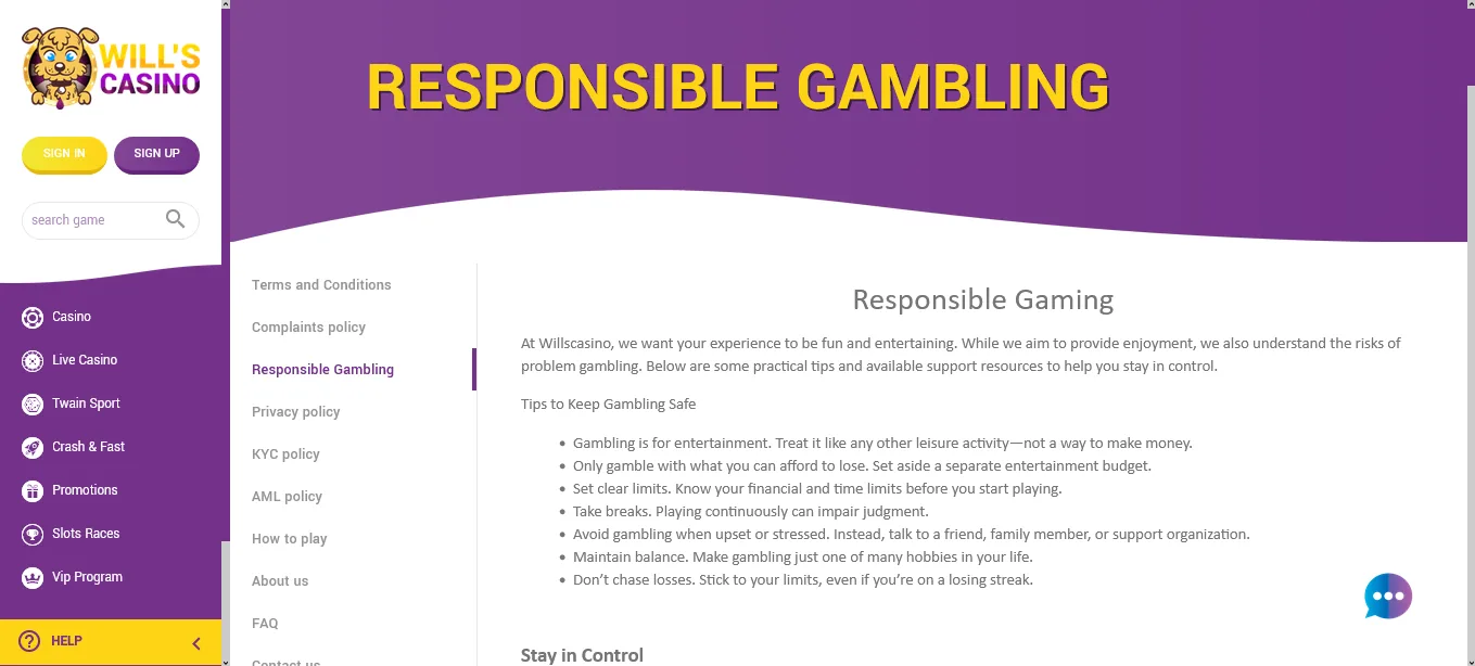 Screenshot of Will’s Casino's responsible-gambling tools