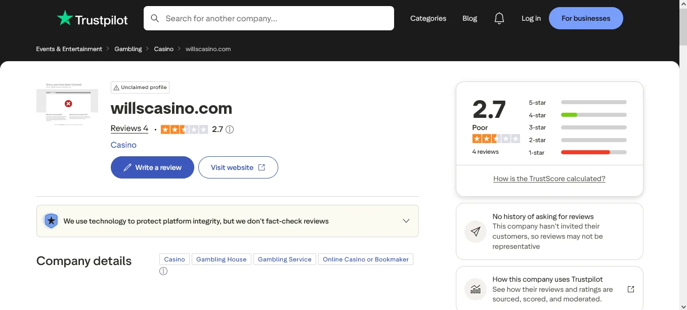 Screenshot of Will’s Casino's Trustpilot rating overview