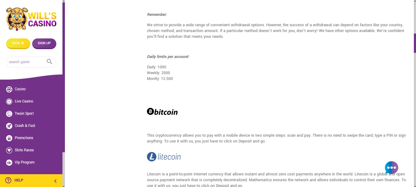 Screenshot of Will’s Casino's withdrawal section and limits