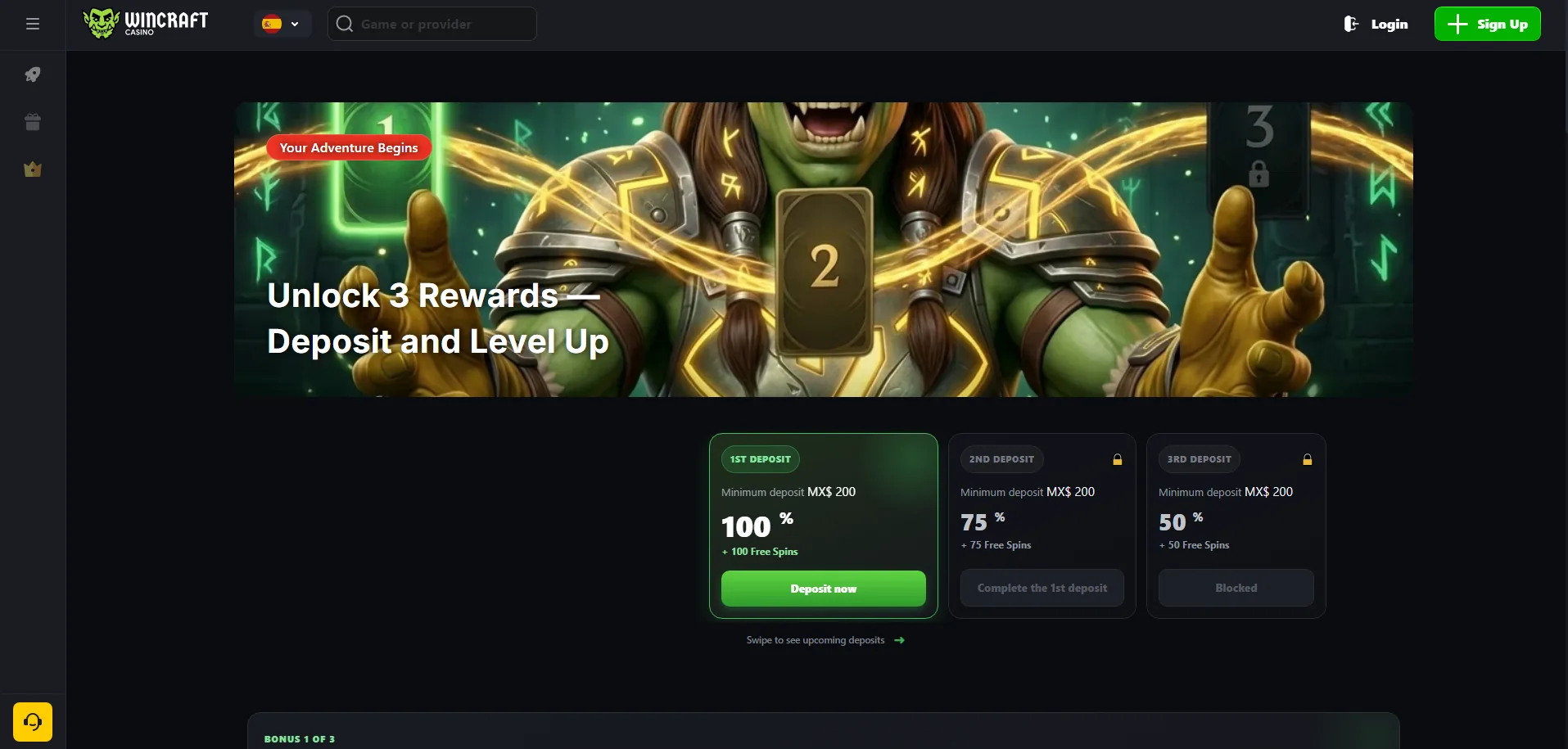 Screenshot of Wincraft Casino's welcome bonus offer