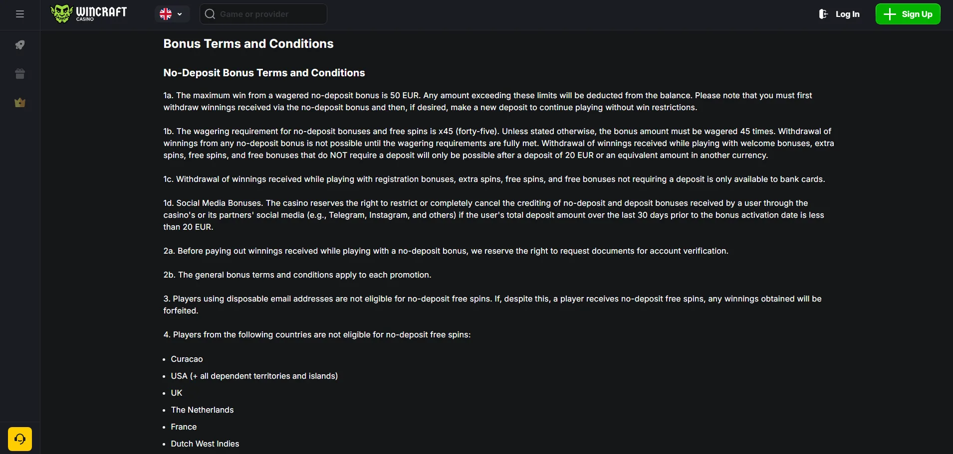 Screenshot of Wincraft Casino's bonus terms and wagering requirements
