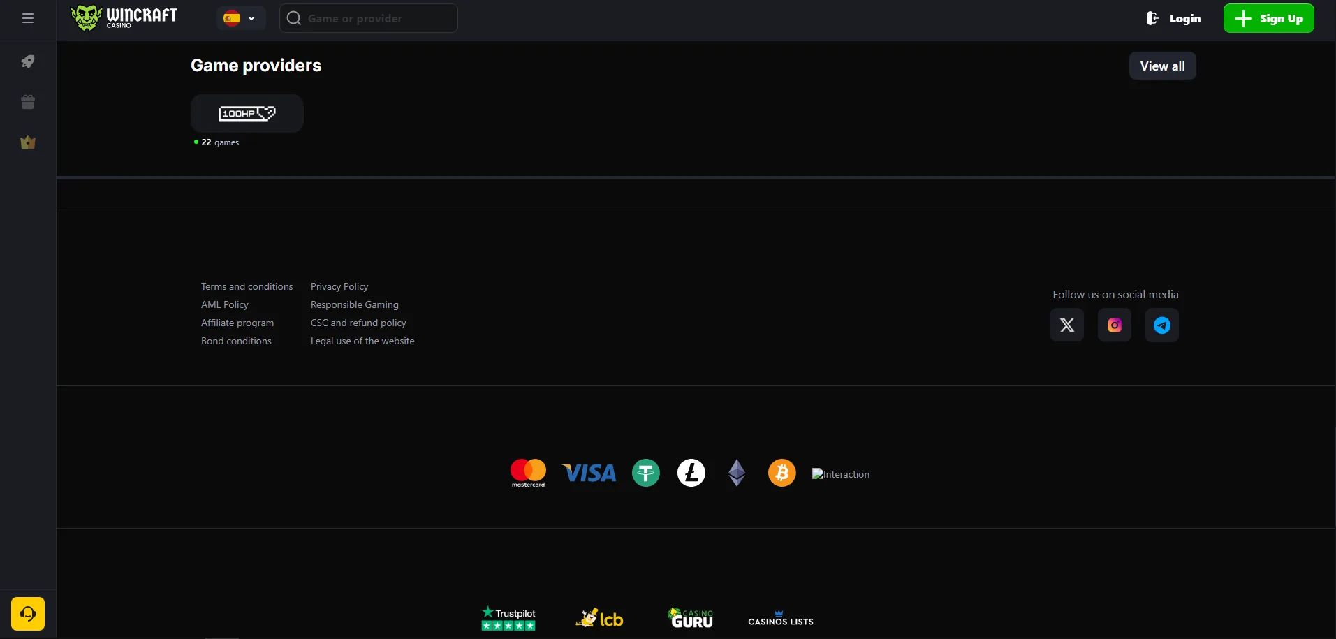 Screenshot of Wincraft Casino's cashier and payment methods