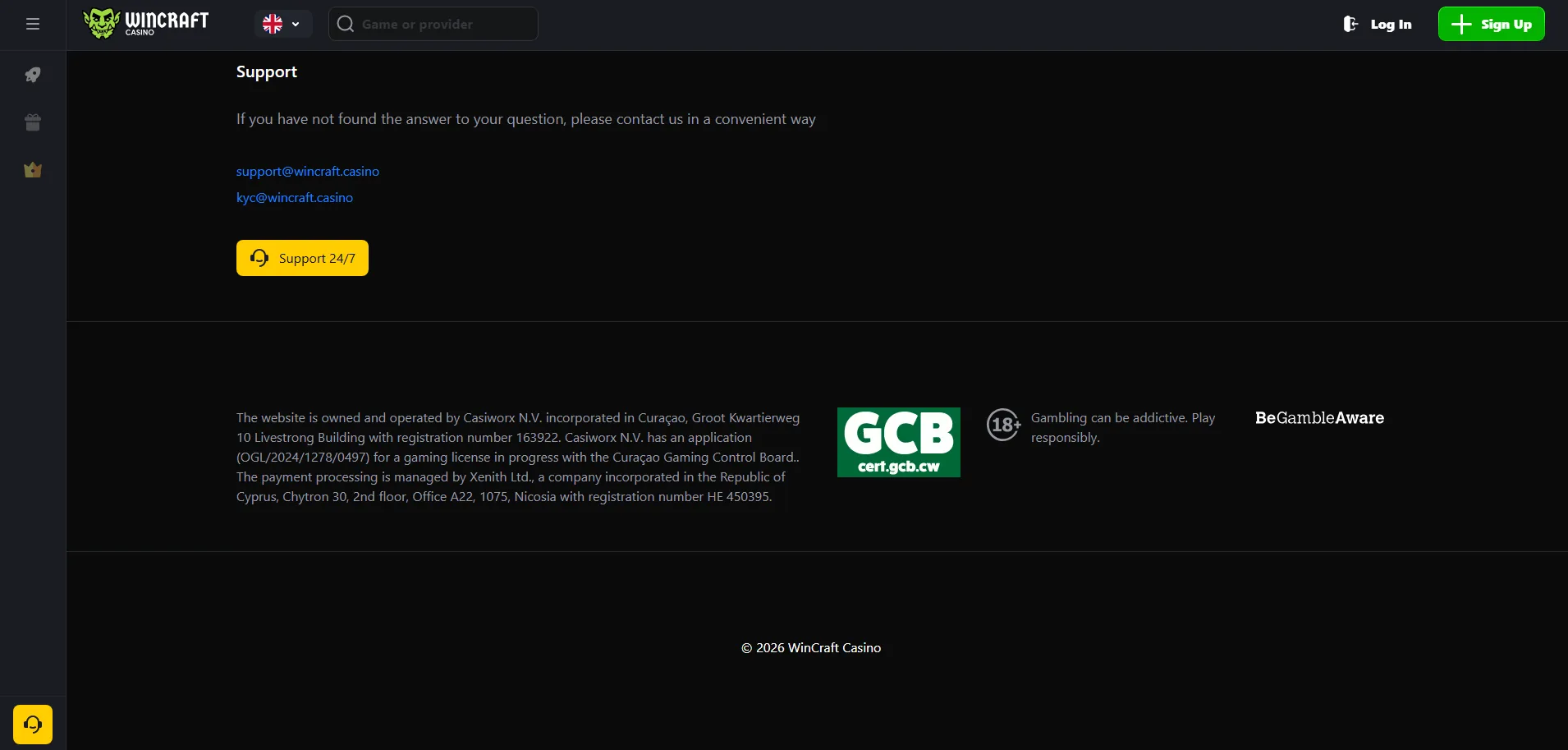 Screenshot of Wincraft Casino's footer licence and regulator details