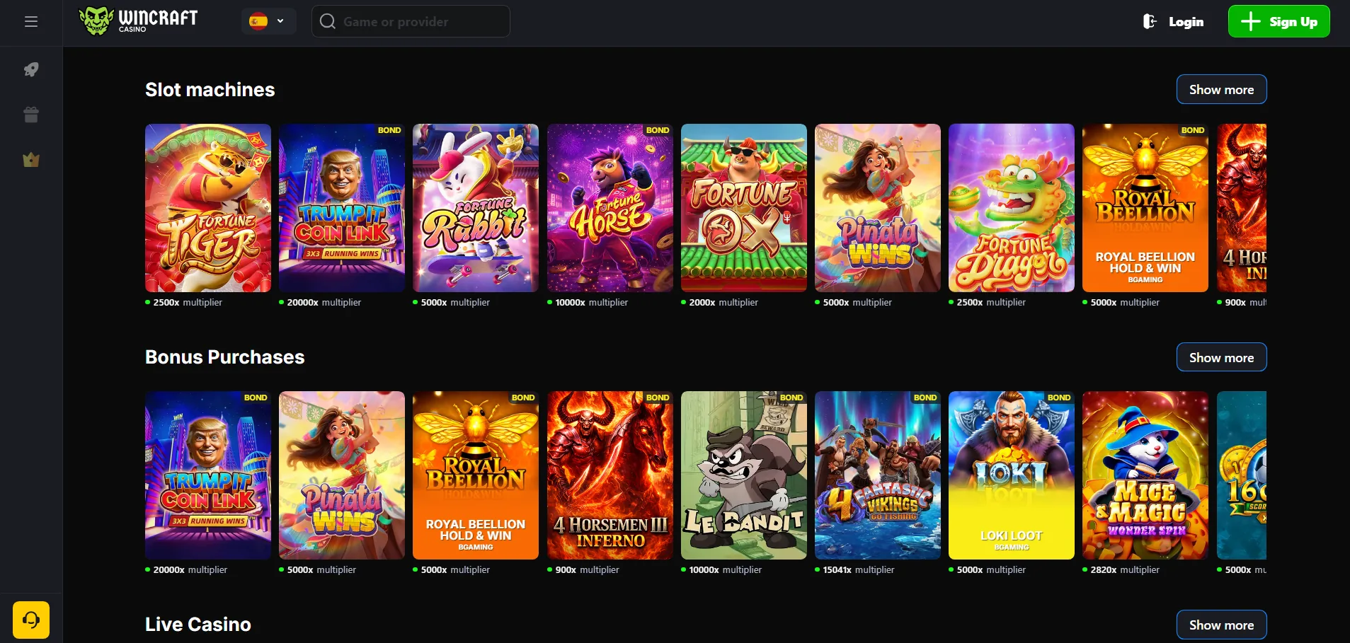 Screenshot of Wincraft Casino's games lobby