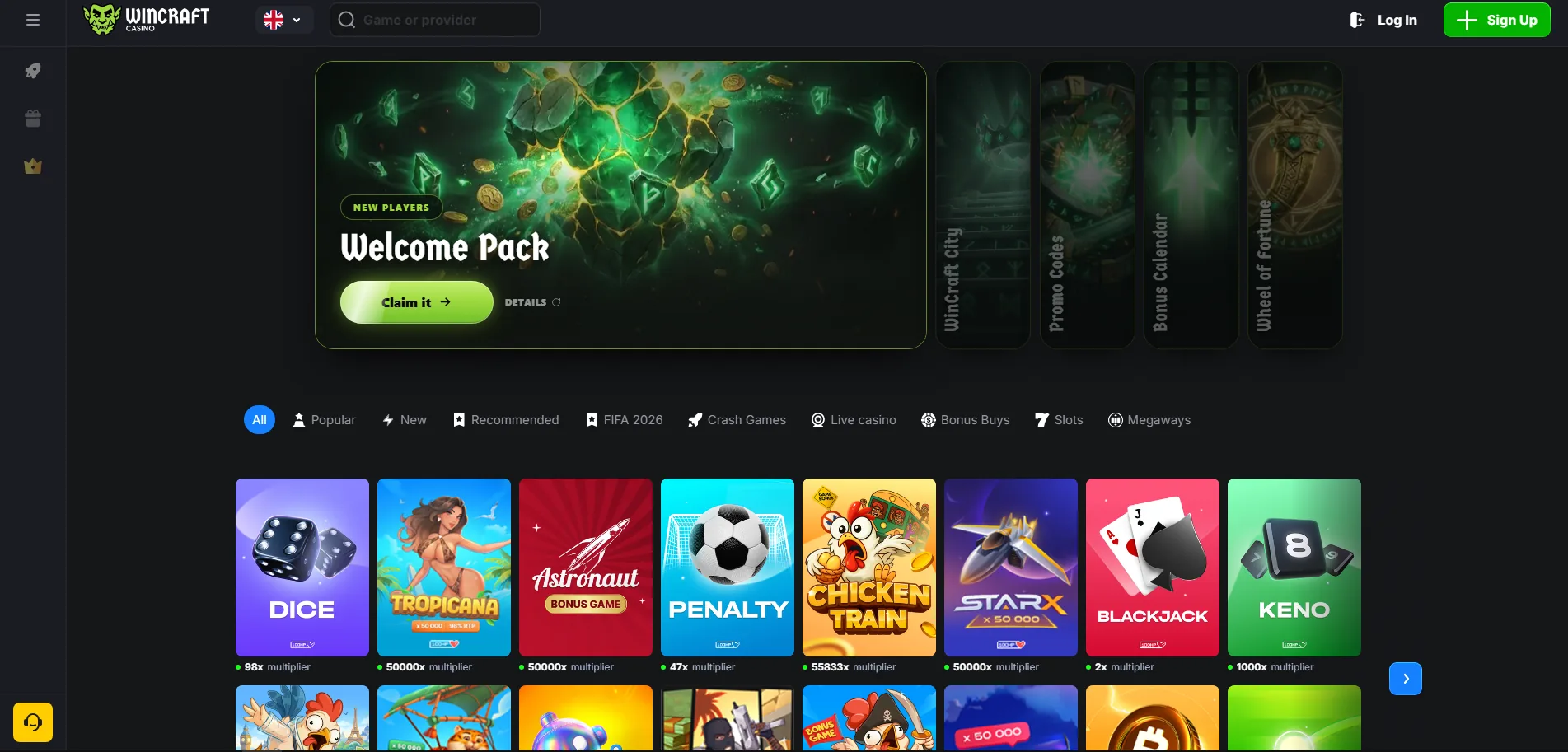 Screenshot of Wincraft Casino's homepage
