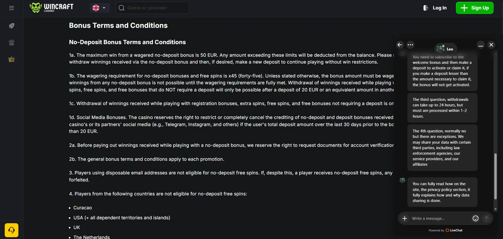 Screenshot of Wincraft Casino's live chat support window