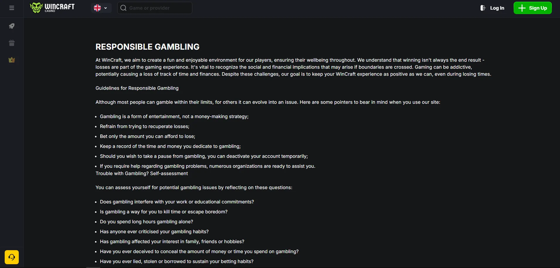 Screenshot of Wincraft Casino's responsible-gambling tools